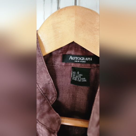 100% linen Autograph priest collar brown blouse sz S - Picture 2 of 10